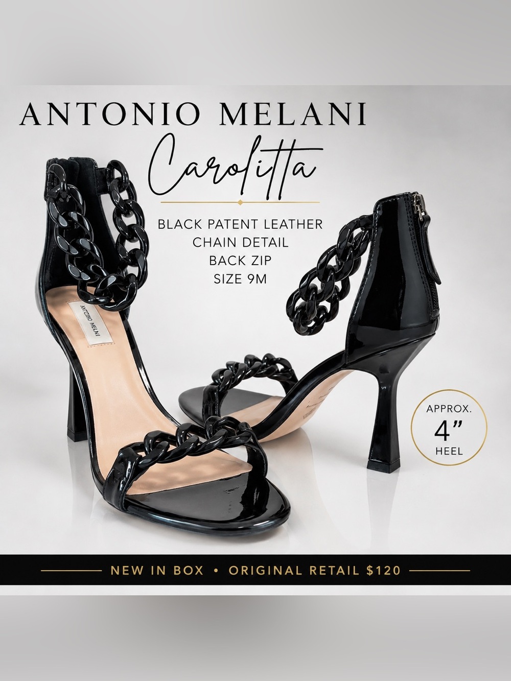 Antonio Melani Carolitta Black Patent Chain Heels Sandals Size 9 NIB